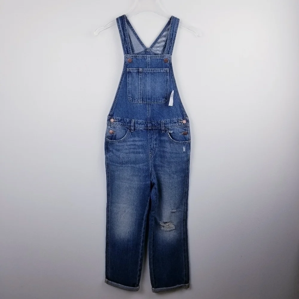 Old Navy #416296 Slouchy Straight Ripped Jean Overalls for Girls NWT L(10-12)